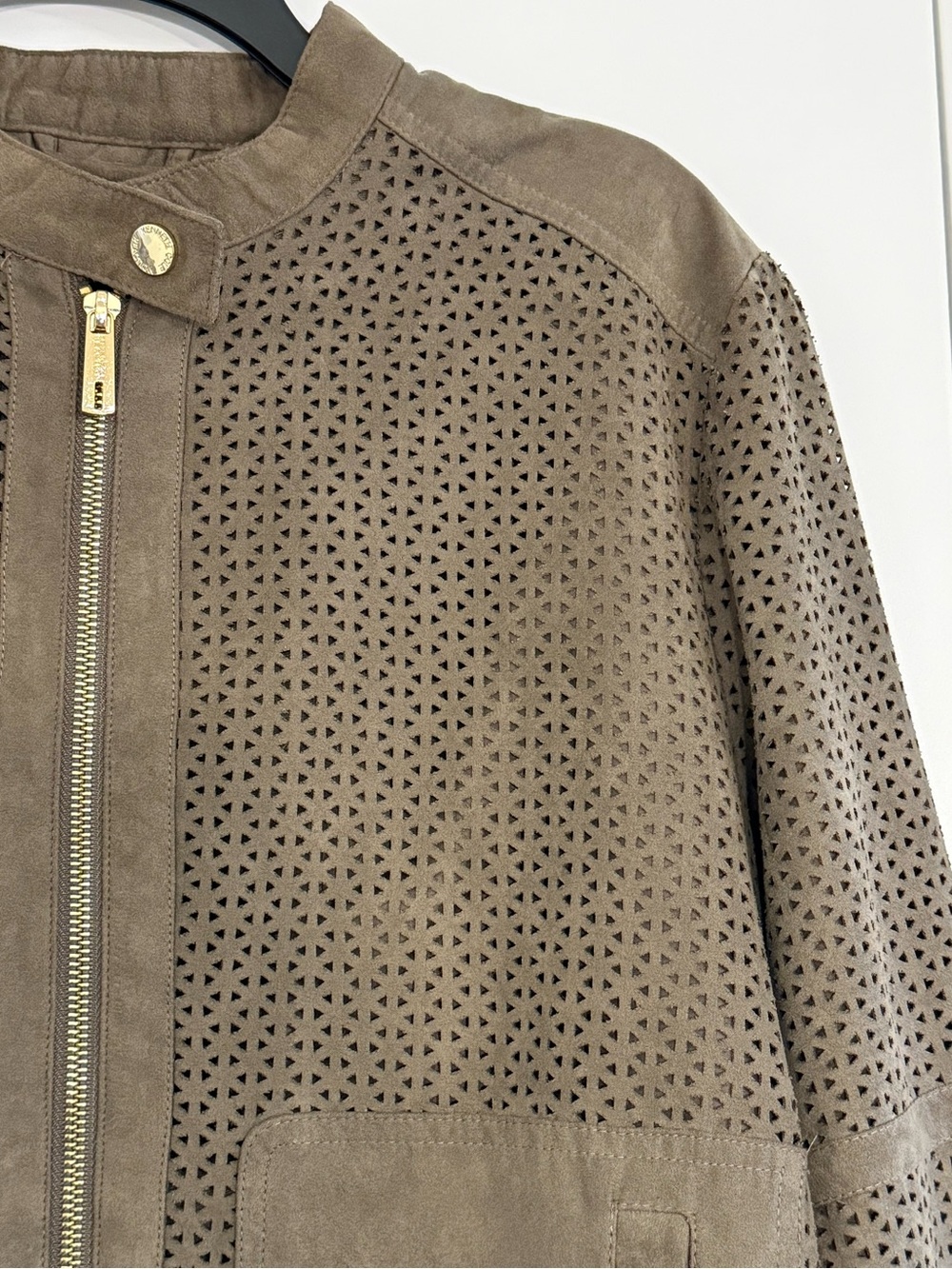 Kenneth Cole Reaction Perforated Faux Suede Bomber Jacket Women’s L Moto - Picture 6 of 8